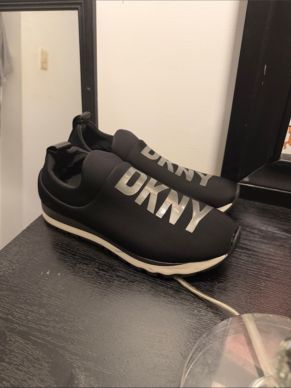 DKNY Black Slip-On Logo Sneakers with White Sole